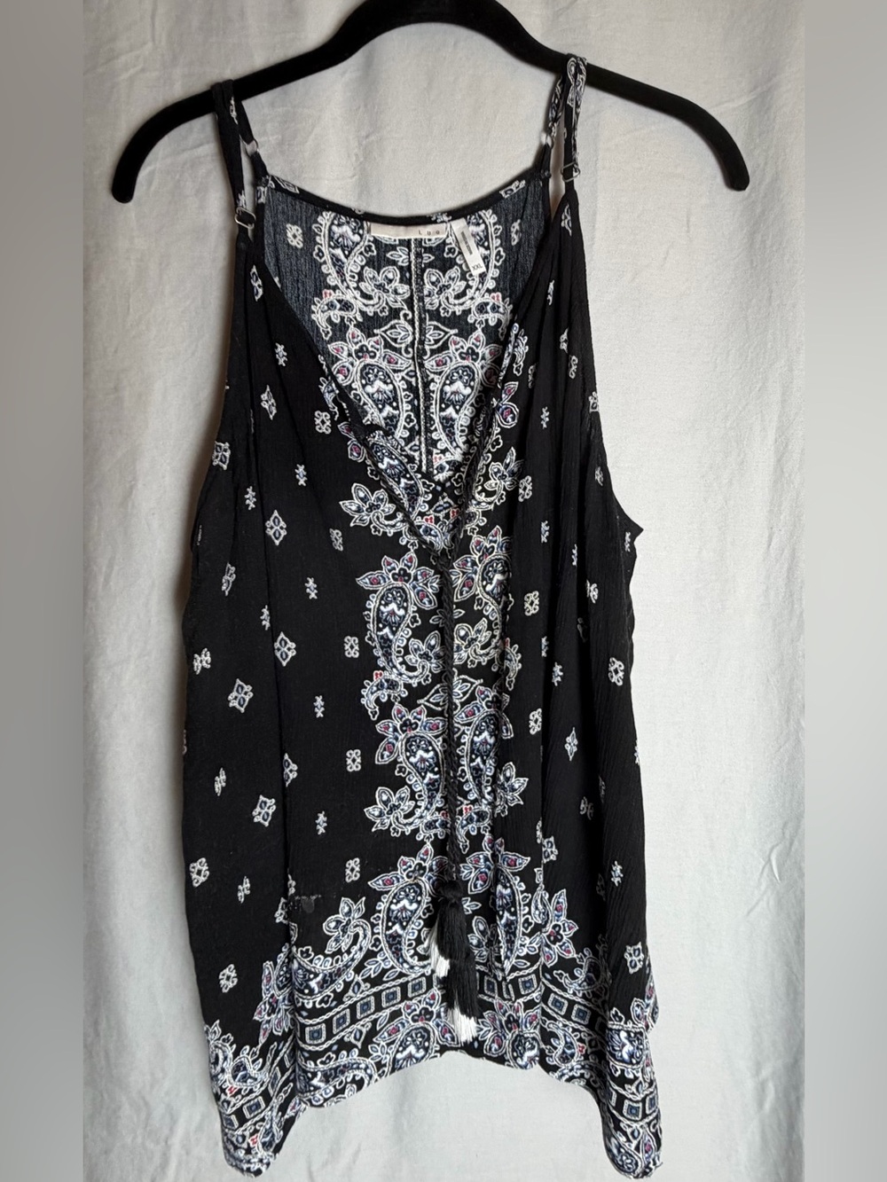 Black Paisley-Print Women's Camisole Tank with Tassel Detail